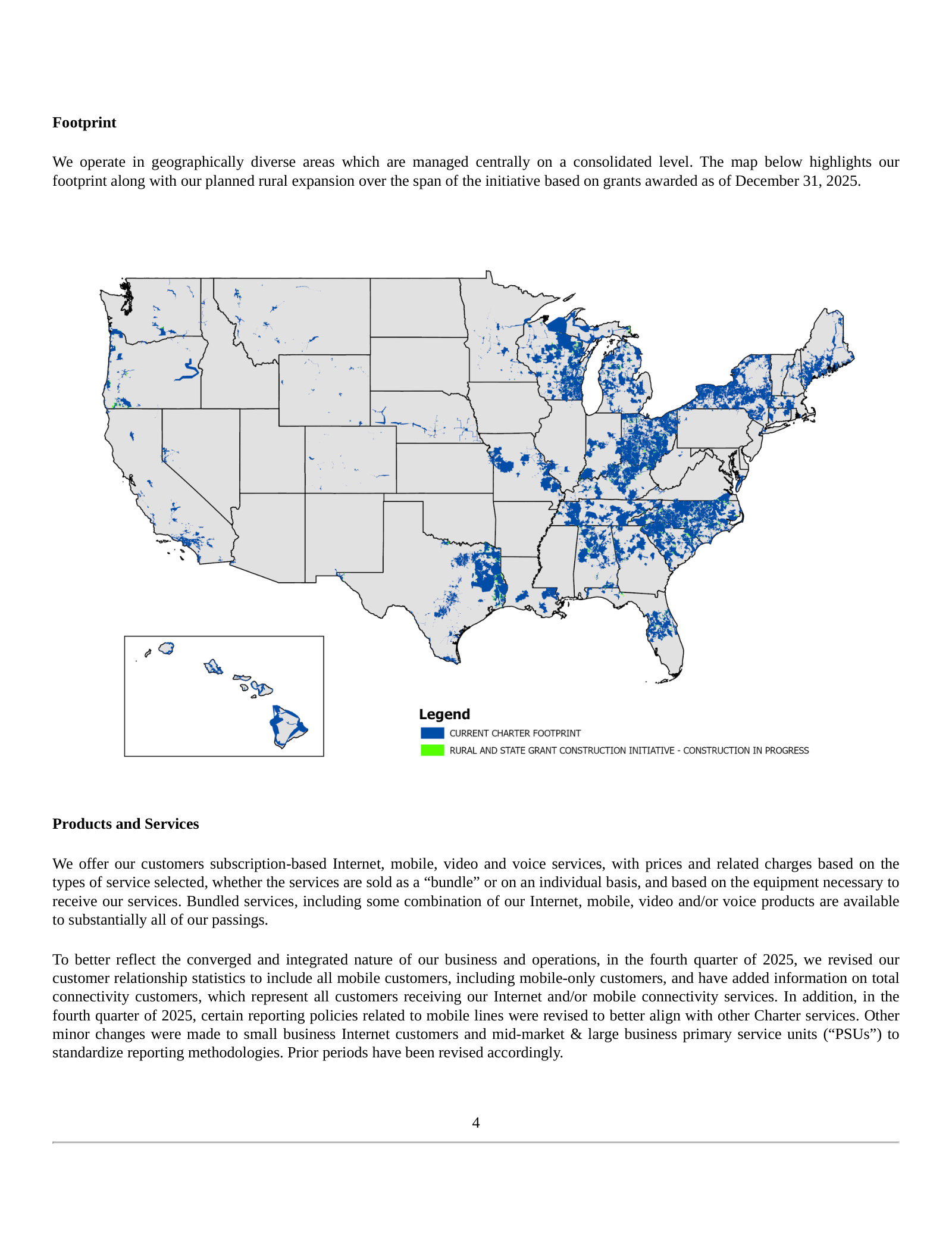 Spectrum footprint across 41 states, with rural/state-grant construction areas shaded in green.